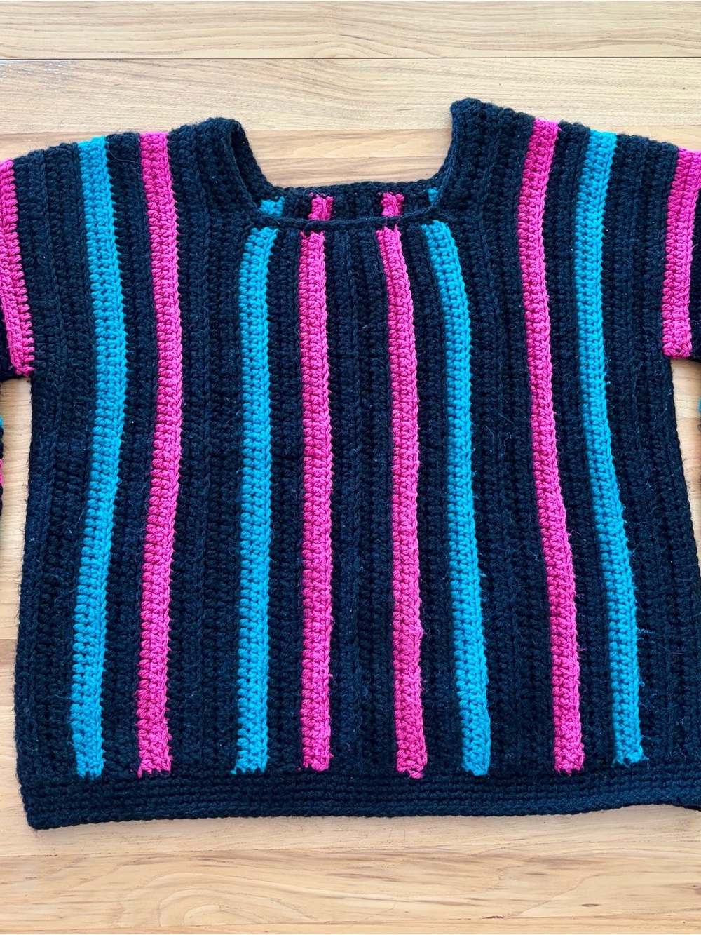 Girls' Striped Crochet Top - Black with Pink & Teal
